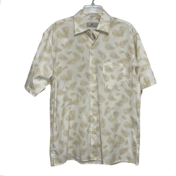 BOBBY CHAN Men's Casual Button-Up Shirt Medium White Tan Fronds Hawaiian Summer - Picture 1 of 10